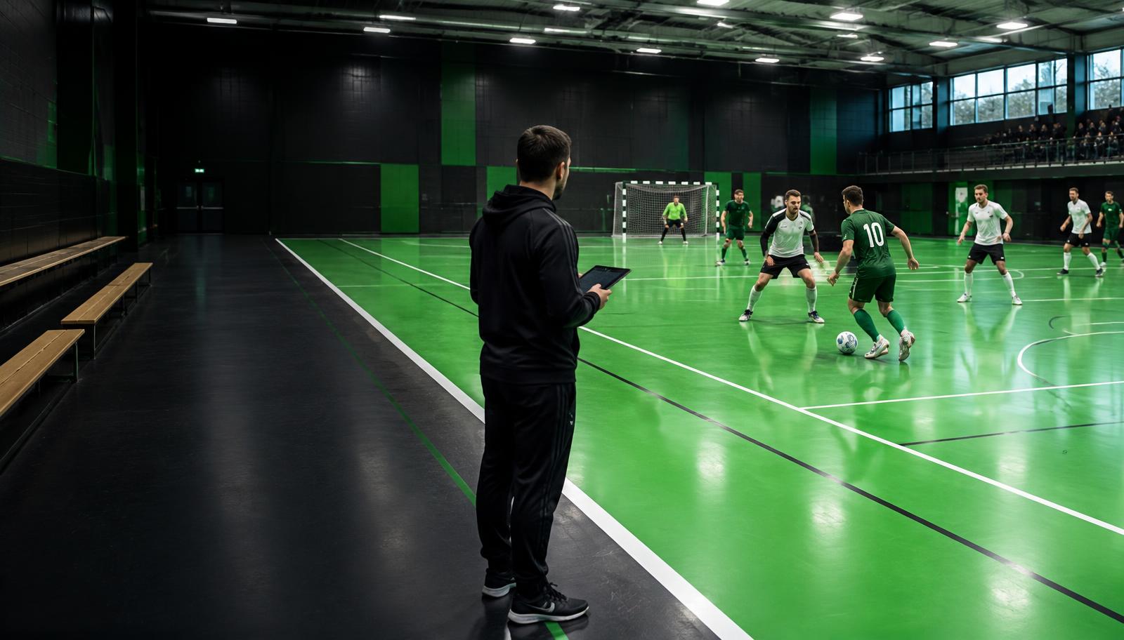 Fußballturnier in einer Sporthalle mit Turnierleitung am Spielfeldrand